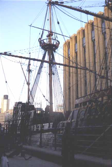 a replica of the Golden Hind in dry dock